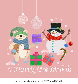Christmas card bear snowman and gift