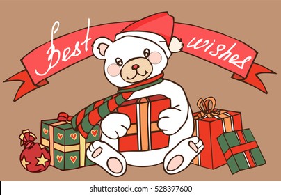 Christmas card with bear. Vector illustration