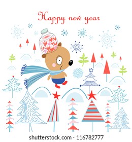 Christmas card with a bear in the woods