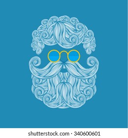 Christmas card with a beard and mustache of Santa Claus on blue background. Vector illustration
