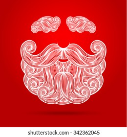 Christmas card with a beard and mustache of Santa Claus on red background. Vector illustration