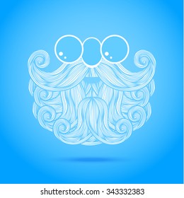 Christmas card with a beard and mustache of Santa Claus on blue background. Vector illustration