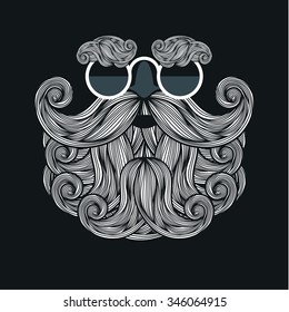 Christmas card with a beard and mustache of Santa Claus on black background. Vector illustration