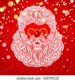 Christmas card with a beard and mustache of Santa Claus on red background. Vector illustration