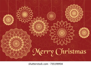 Christmas card with beautiful mandala, red and gold colors. 