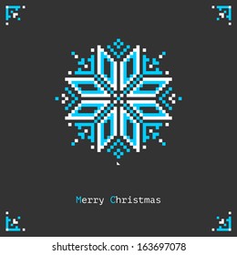 Christmas Card With Beautiful Pixel Snowflake On Dark Background 