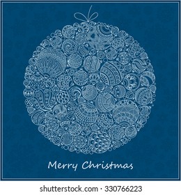 Christmas Card. Beautiful in retro style Christmas ball from balls illustration. Doodle ethnic stylized design. 