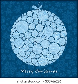 Christmas Card. Beautiful in retro style Christmas ball from balls illustration. Doodle ethnic stylized design. 
