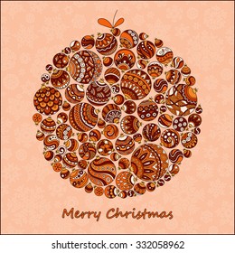 Christmas Card. Beautiful in retro style Christmas ball from balls illustration. Doodle ethnic stylized design. 