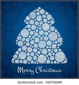 Christmas Card. Beautiful in retro style Christmas tree from balls illustration. Doodle ethnic stylized design.