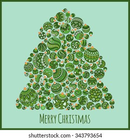 Christmas Card. Beautiful in retro style Christmas tree from balls illustration. Doodle ethnic stylized design.