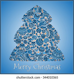 Christmas Card. Beautiful in retro style Christmas tree from balls illustration. Doodle ethnic stylized design.