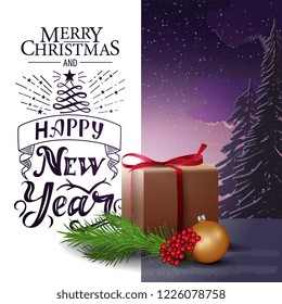 Christmas card with beautiful winter landscape and gifts