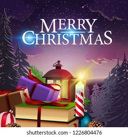 Christmas card with beautiful winter landscape and a mountain of gifts