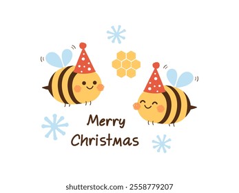 Christmas card with bee cartoons, party hat, snowflakes and honey sign isolated on white background vector.