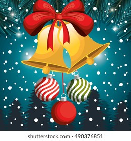 christmas card bell and balls red bow snowfall and tree