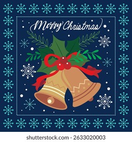Christmas card with bell, berry and snowflakes
