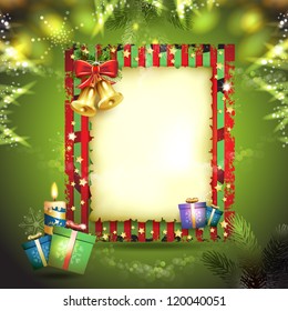 Christmas card with bell, gifts and old paper