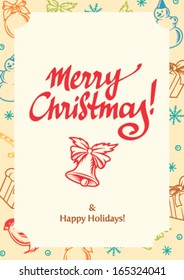 christmas card with bell on pattern made of christmas elements