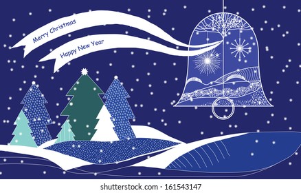 Christmas Card with Bell with Ribbons above Snowy Landscape