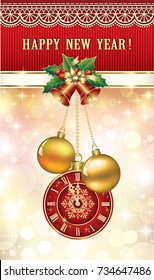 Christmas card with bells, balls and clock on the background of ornaments. Vector illustration