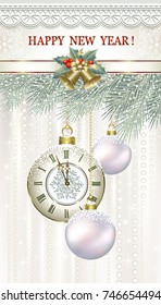 Christmas card with bells, balls and clock on the background of fir branches and ornaments. Vector illustration