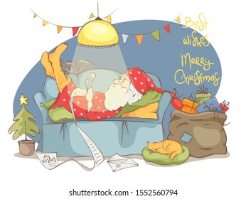 Christmas card -- best wishes. Santa reading a letter. Santa Claus on the couch in pajamas with cats	