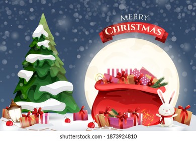 Christmas card and big bag gifts the background the moon   the Christmas tree  Merry Christmas   Happy New Year 2021 
Vector illustration
