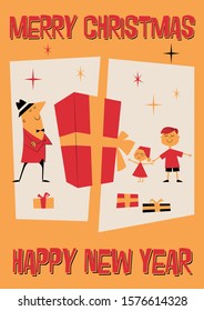 Christmas Card, Big Gift, Children and Father, Retro Style Art Illustration