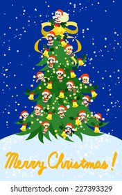 The Christmas card of big tree which Santa Claus and children who made a figure of him gather for.