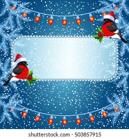 Christmas card with billboard and bullfinches on the evening landscape background and spruce