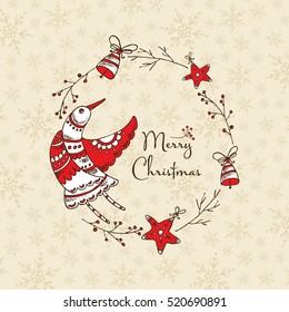 Christmas card with bird and decorations. Hand drawn.