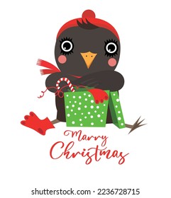 Christmas card. A bird with a gift
