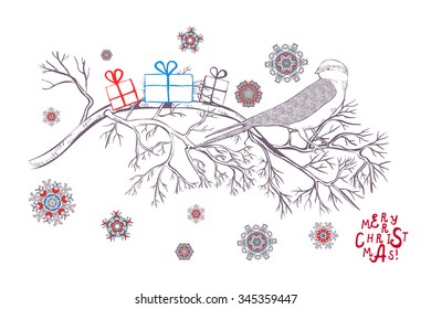 Christmas card with a bird on a branch, gifts and snowflakes