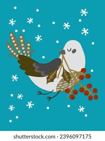 A Christmas card with a bird on a winter background. Poster with a bird on a blue background. A white bird holding a twig with a rowan tree. Vector. Illustration EPS 10