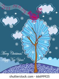 Christmas card with bird and snow