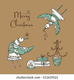 Christmas card with  bird, Christmas tree and present. Hand drawn 