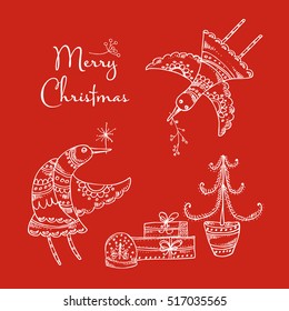 Christmas card with bird, Christmas tree and present. Hand drawn 