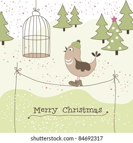 Christmas card with bird, vector