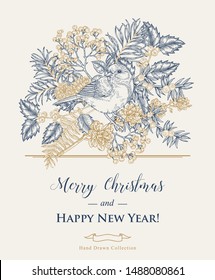 Christmas card with a bird and winter plants. Hand drawn tit, holly, pine branch, and elderberry. Vector illustration. Vintage engraving style.