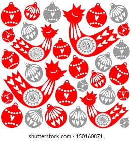 Christmas card with birds and christmas balls, vector illustration