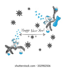 Christmas card with birds New Year celebration