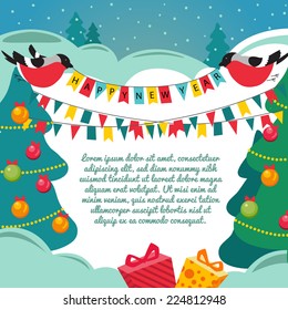 Christmas card with a birds. Vector background. Template. Place for text.