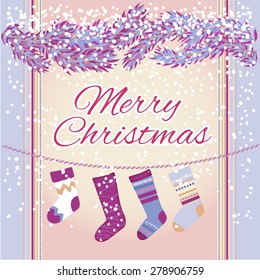 Christmas card. Blank postcards.Fir twigs, snow and festive socks. 	
Background for Christmas greetings.Vector.
