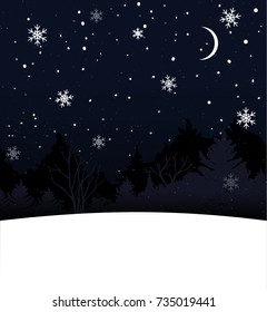 Christmas card with blank space for text. Blue night sky, falling snow and trees silhouette