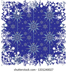 Christmas card with blue background with decorative snowflakes and white snow border. Vector illustration