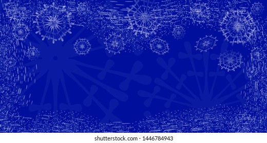 Christmas card with blue background, falling snowflakes, snow and snow blizzard. Copy space. Template for invitations, business cards. For the design of the winter theme.