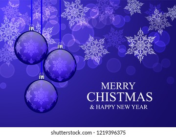 Christmas card with blue balloons and snowflakes