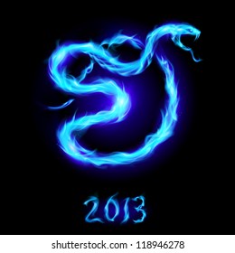 Christmas card with blue fire snake. Illustration on black