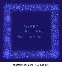 Christmas card. Blue frame of stars, snowflakes and circles on a blue background.
